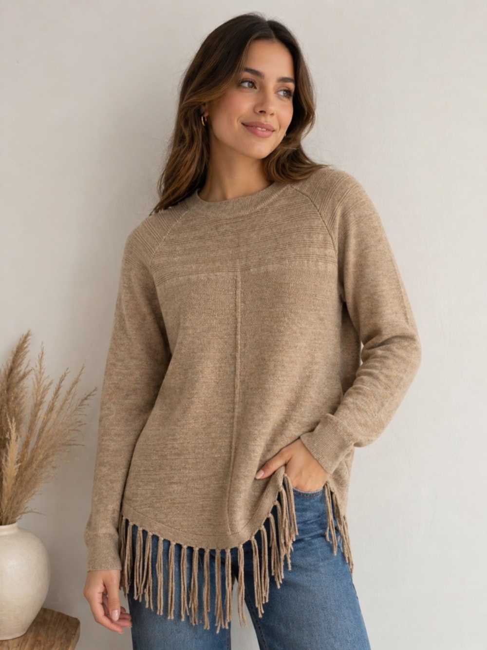 ✨Arianna by Howard’s Sweater Tan Knit Fringed Hem Size S/M